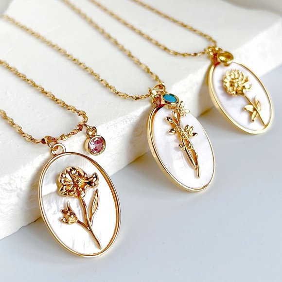 New Birth Flower Necklace with Birthstone Gold Necklace, Mother of Pearl Pendant - Picture 1 of 7
